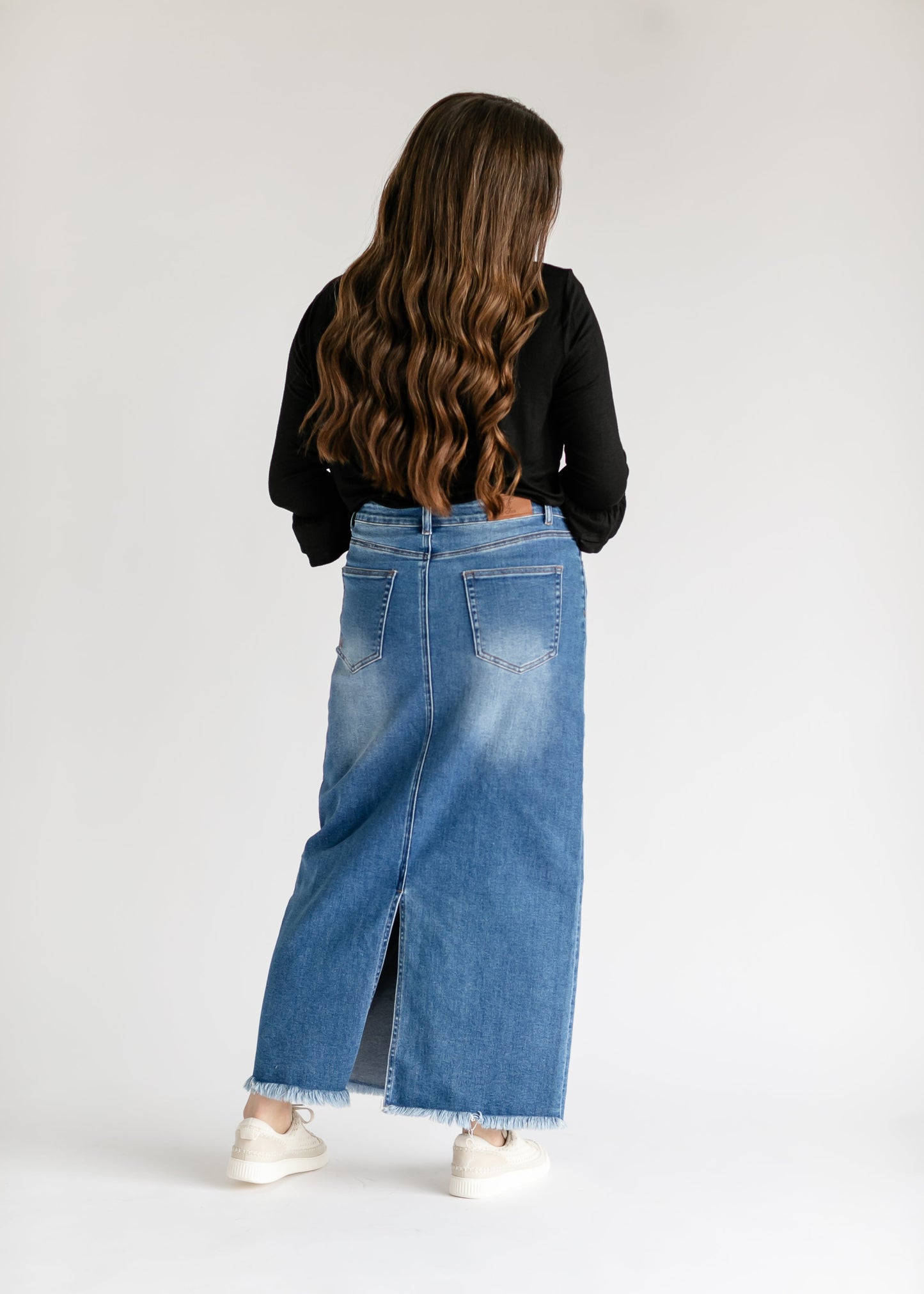 Raw Hem Long Denim Skirt Medium Wash Maxi Dakotah