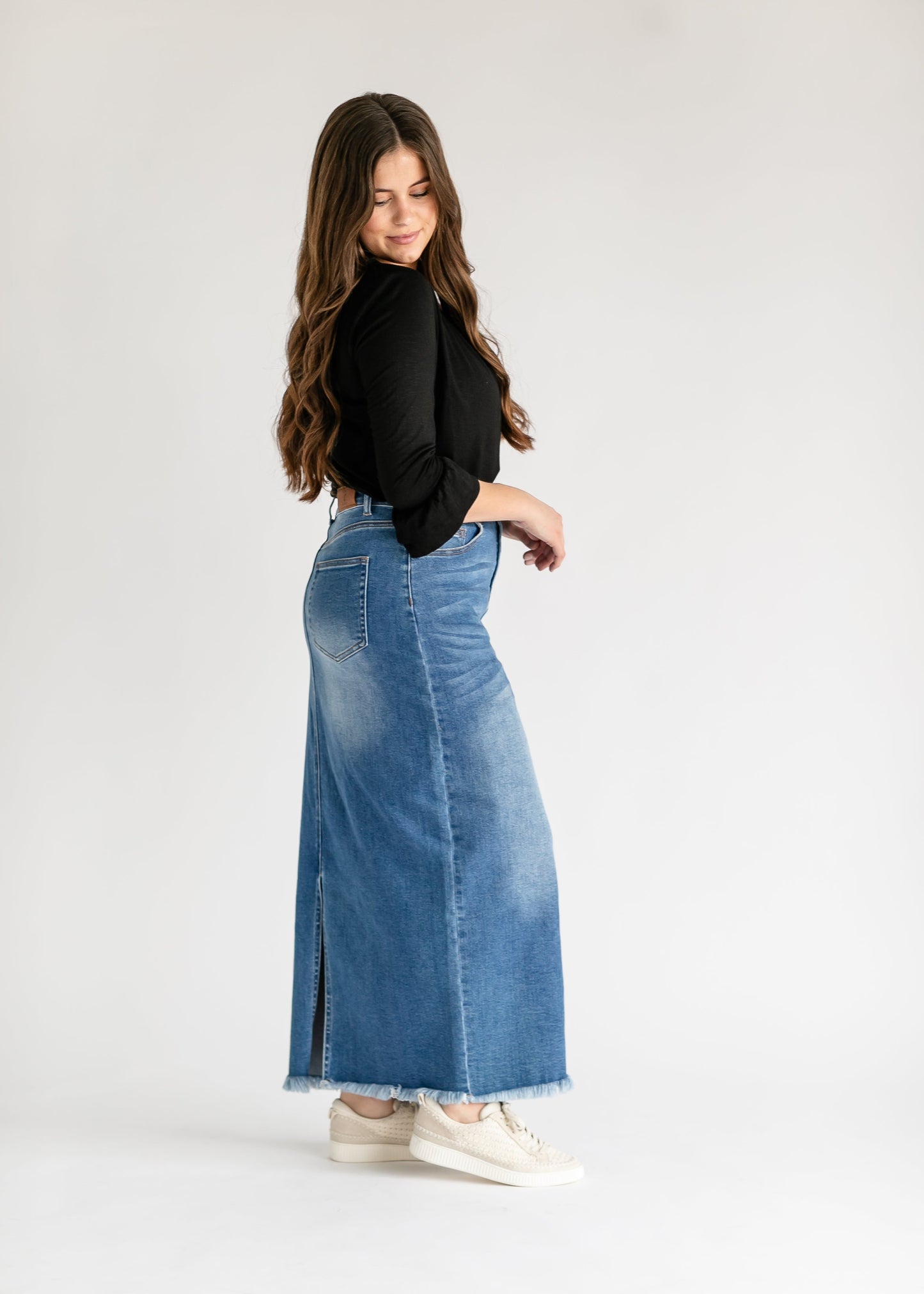 Raw Hem Long Denim Skirt Medium Wash Maxi Dakotah