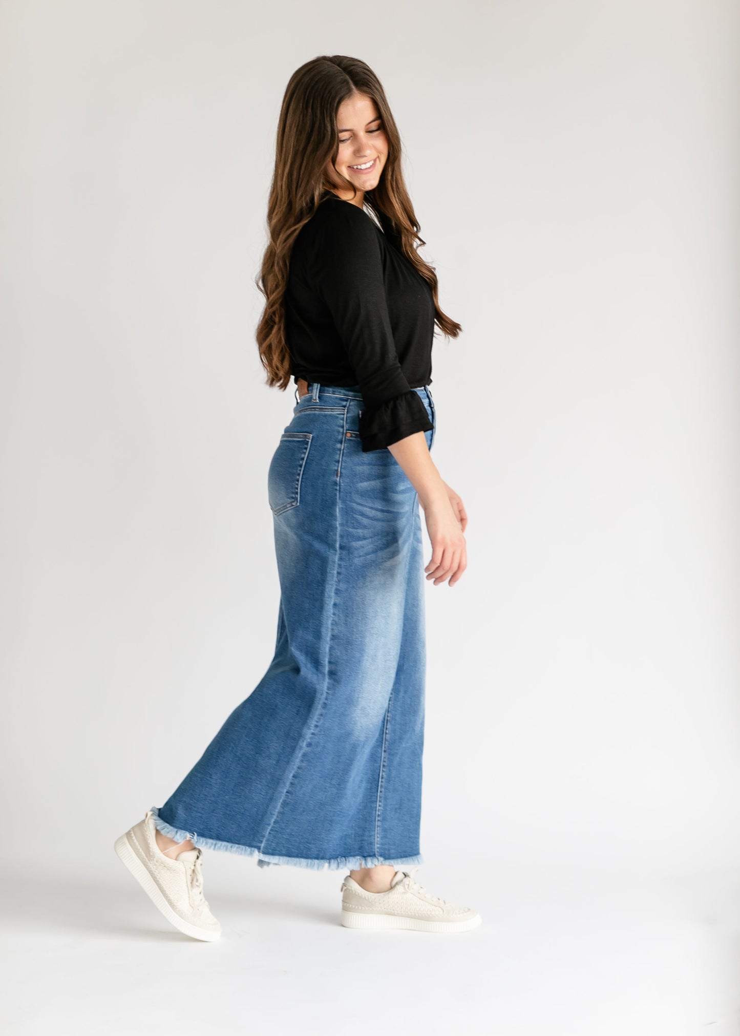Raw Hem Long Denim Skirt Medium Wash Maxi Dakotah