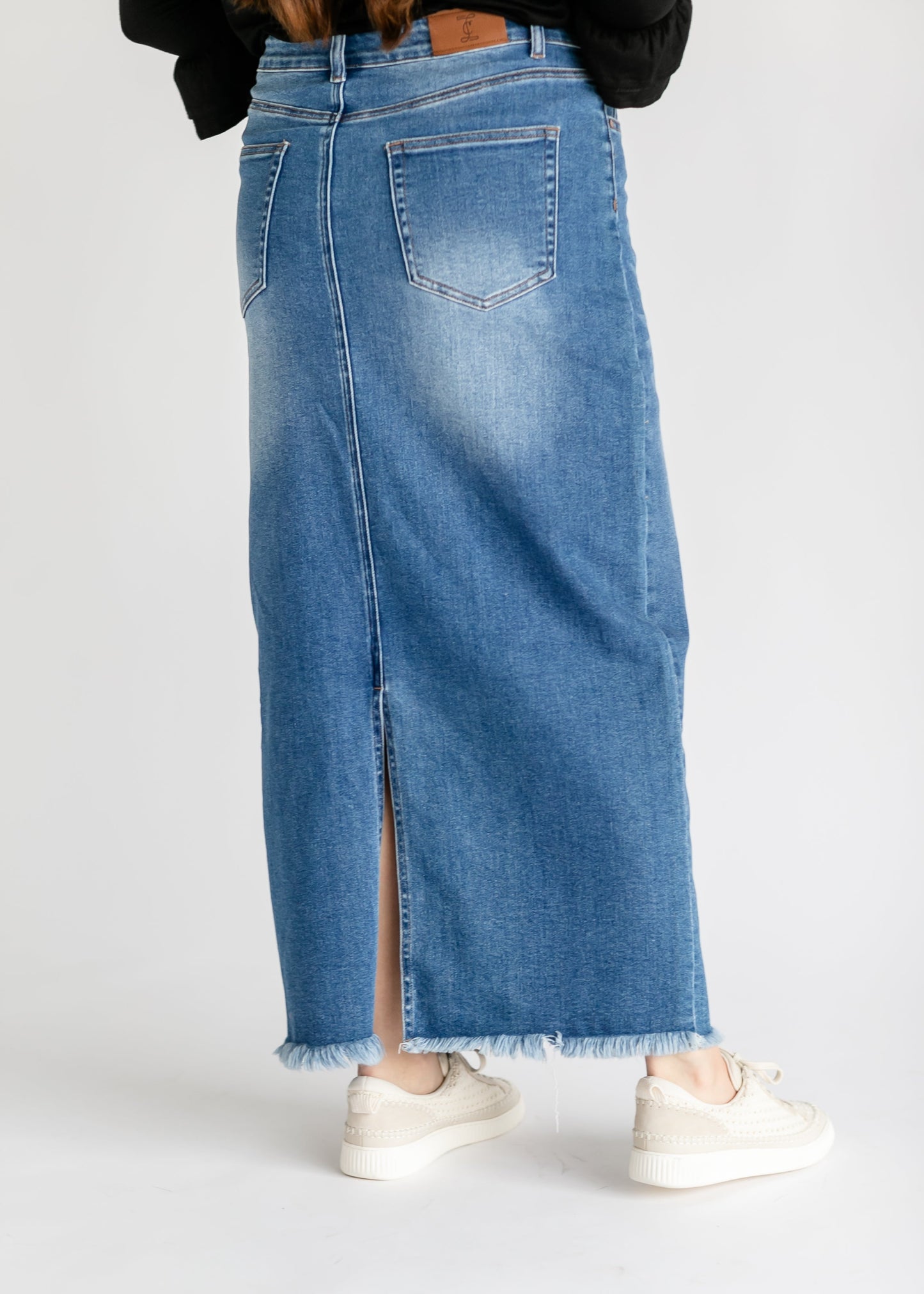 Raw Hem Long Denim Skirt Medium Wash Maxi Dakotah