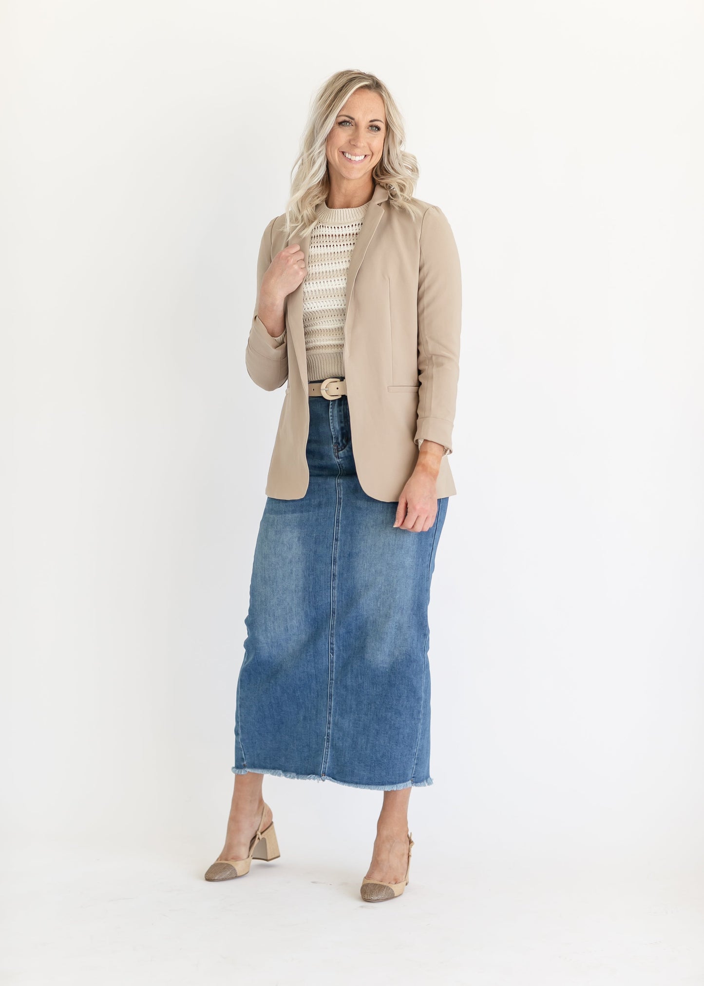 Raw Hem Long Denim Skirt Medium Wash Maxi Dakotah