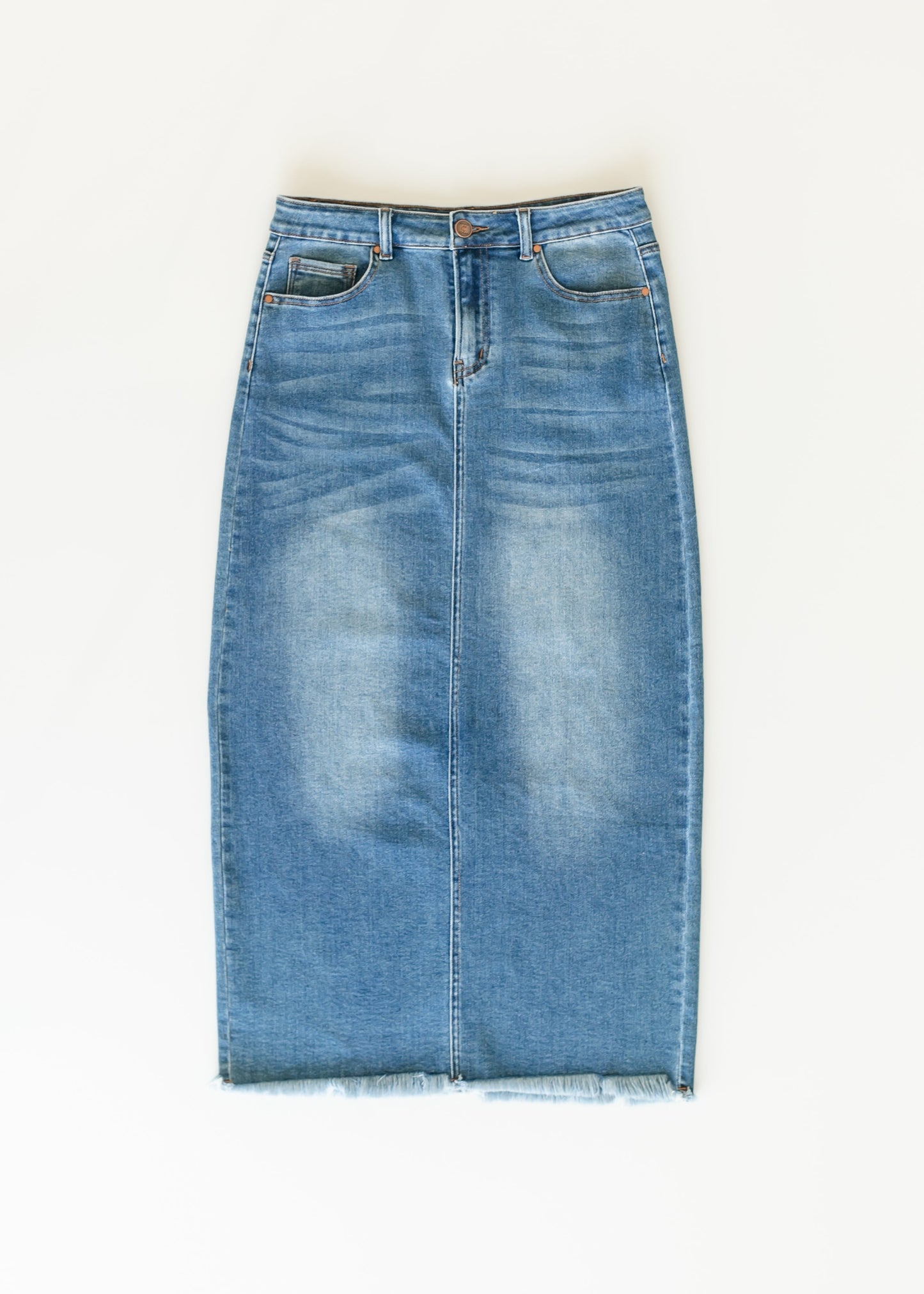 Raw Hem Long Denim Skirt Medium Wash Maxi Dakotah