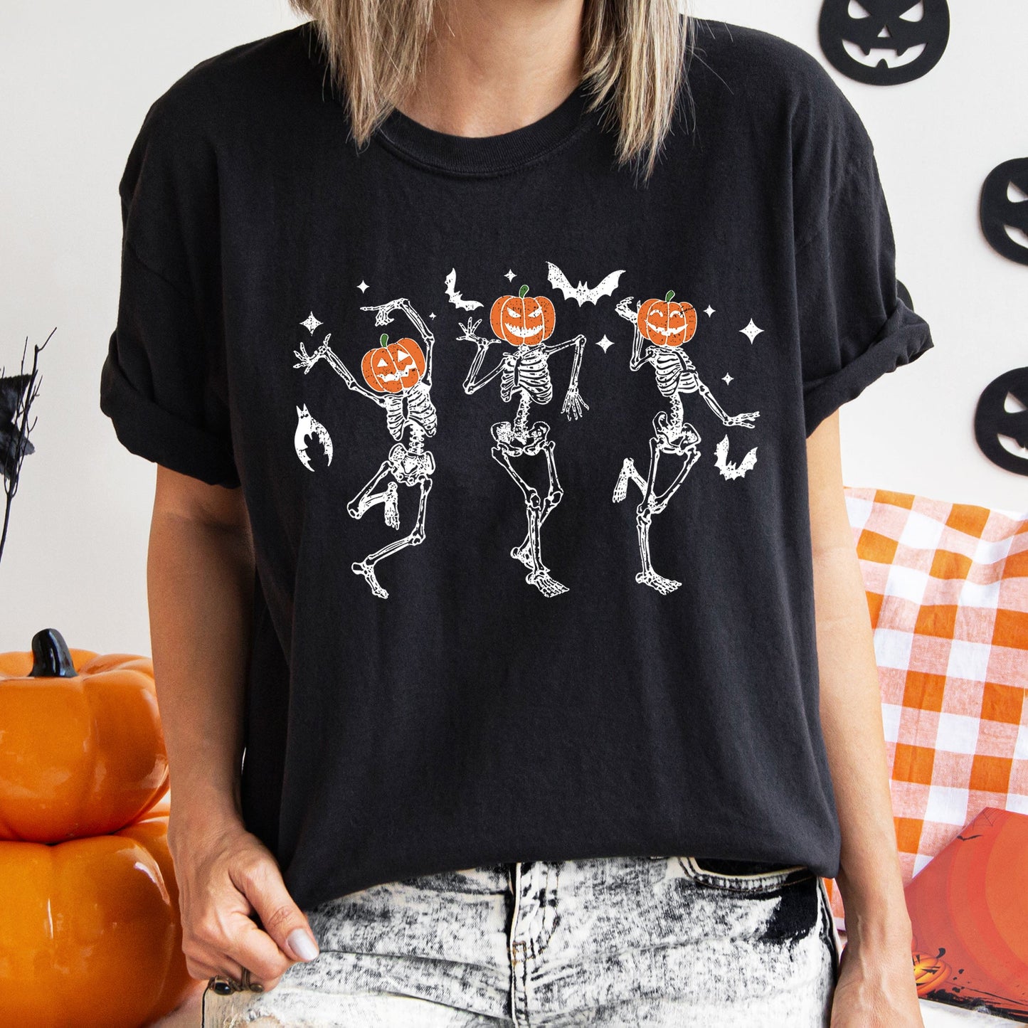 Dancing Pumpkin Skeletons Retro Halloween Comfort Colors T-shirt
