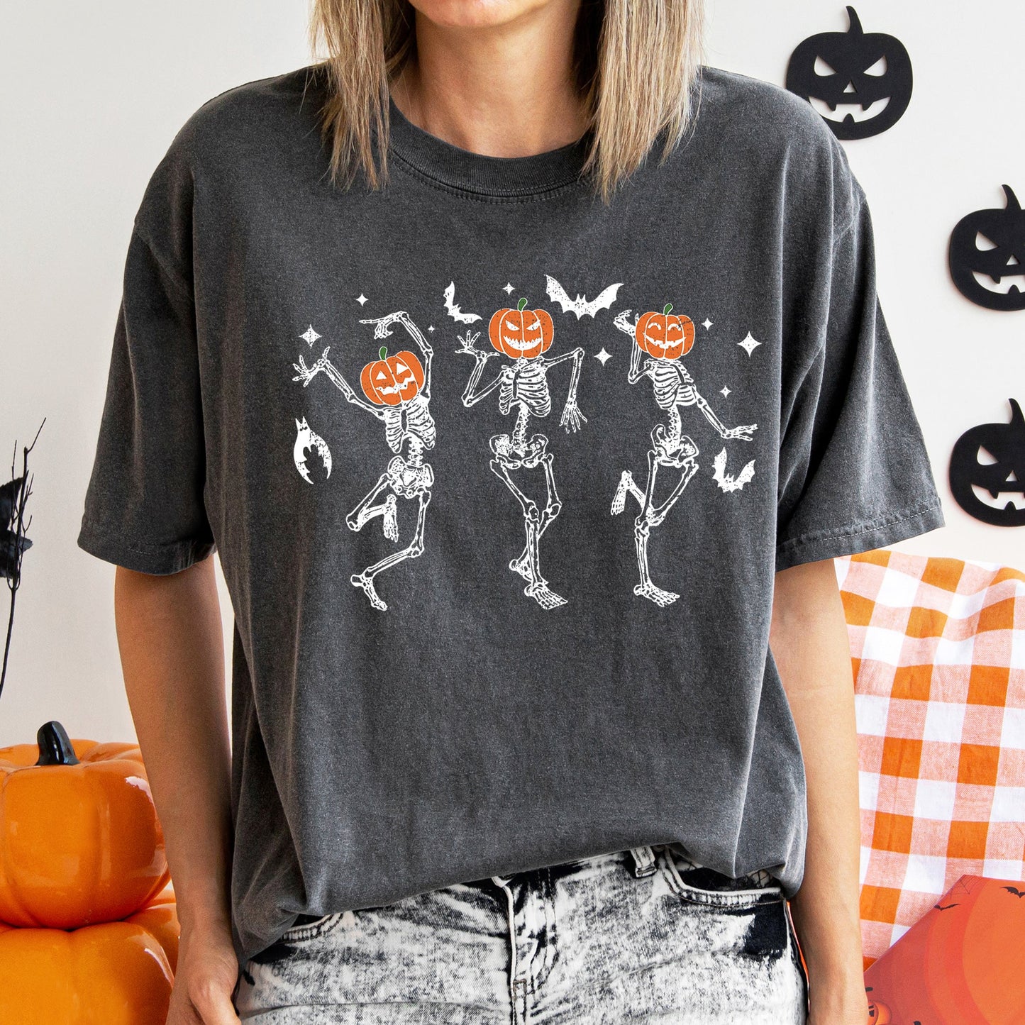 Dancing Pumpkin Skeletons Retro Halloween Comfort Colors T-shirt