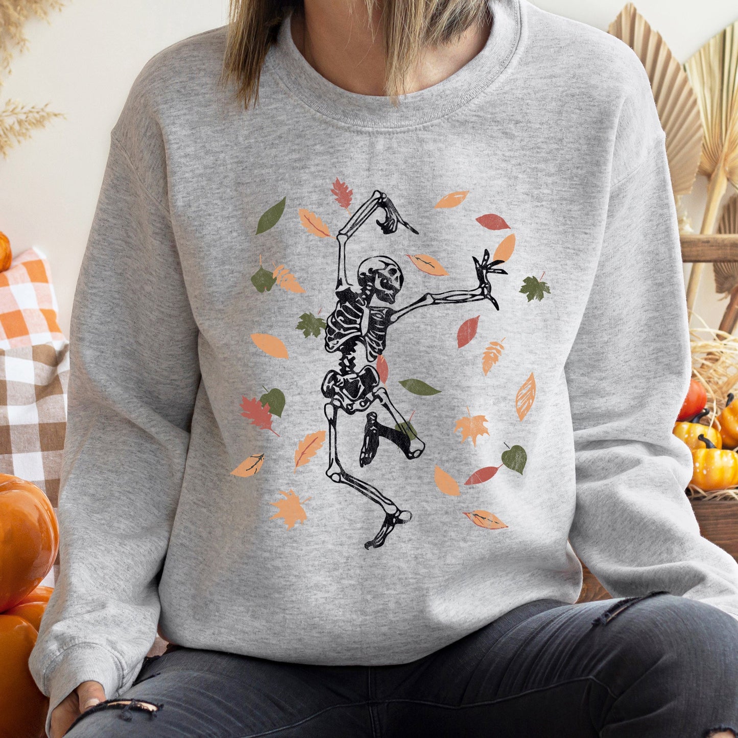 Dancing Skeleton Leaves Halloween Sweatshirt Cozy Cotton-Poly Blend Pullover