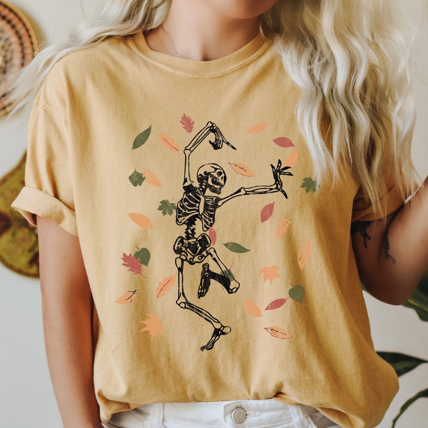 Dancing Skeleton And Leaves Retro Halloween Comfort Colors Tshirt