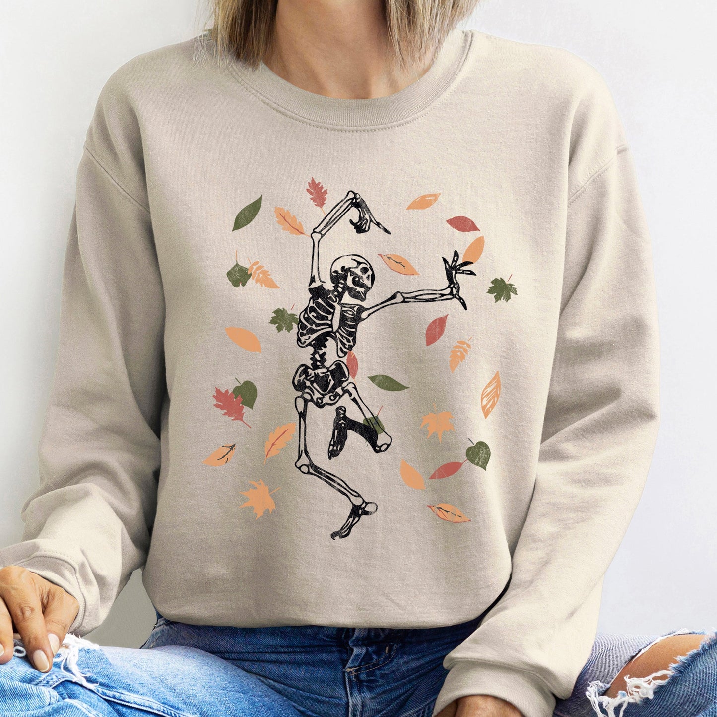 Dancing Skeleton Leaves Halloween Sweatshirt Cozy Cotton-Poly Blend Pullover