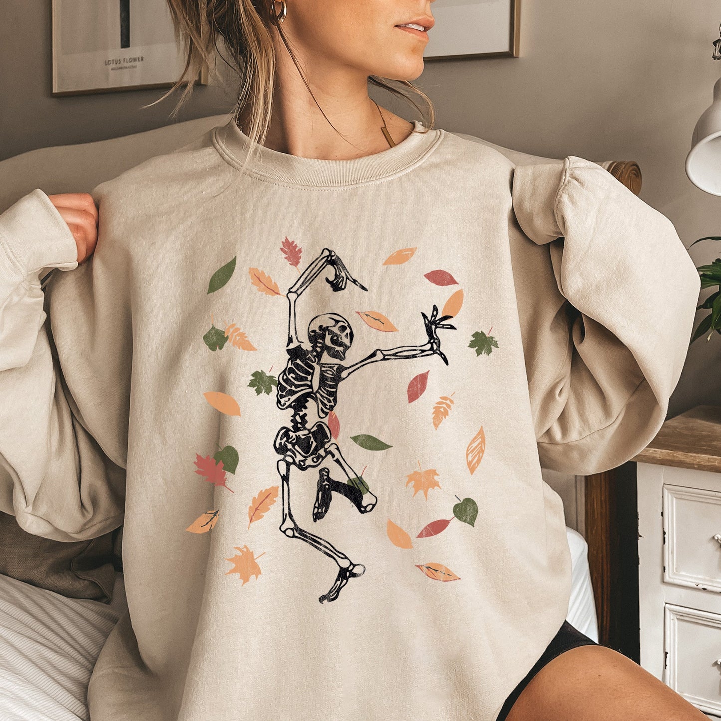 Dancing Skeleton Leaves Halloween Sweatshirt Cozy Cotton-Poly Blend Pullover