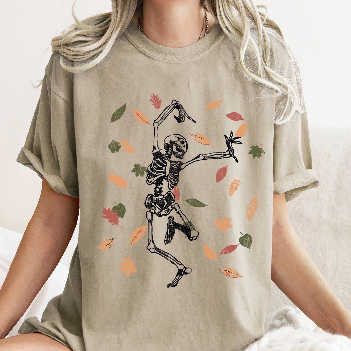 Dancing Skeleton And Leaves Retro Halloween Comfort Colors Tshirt