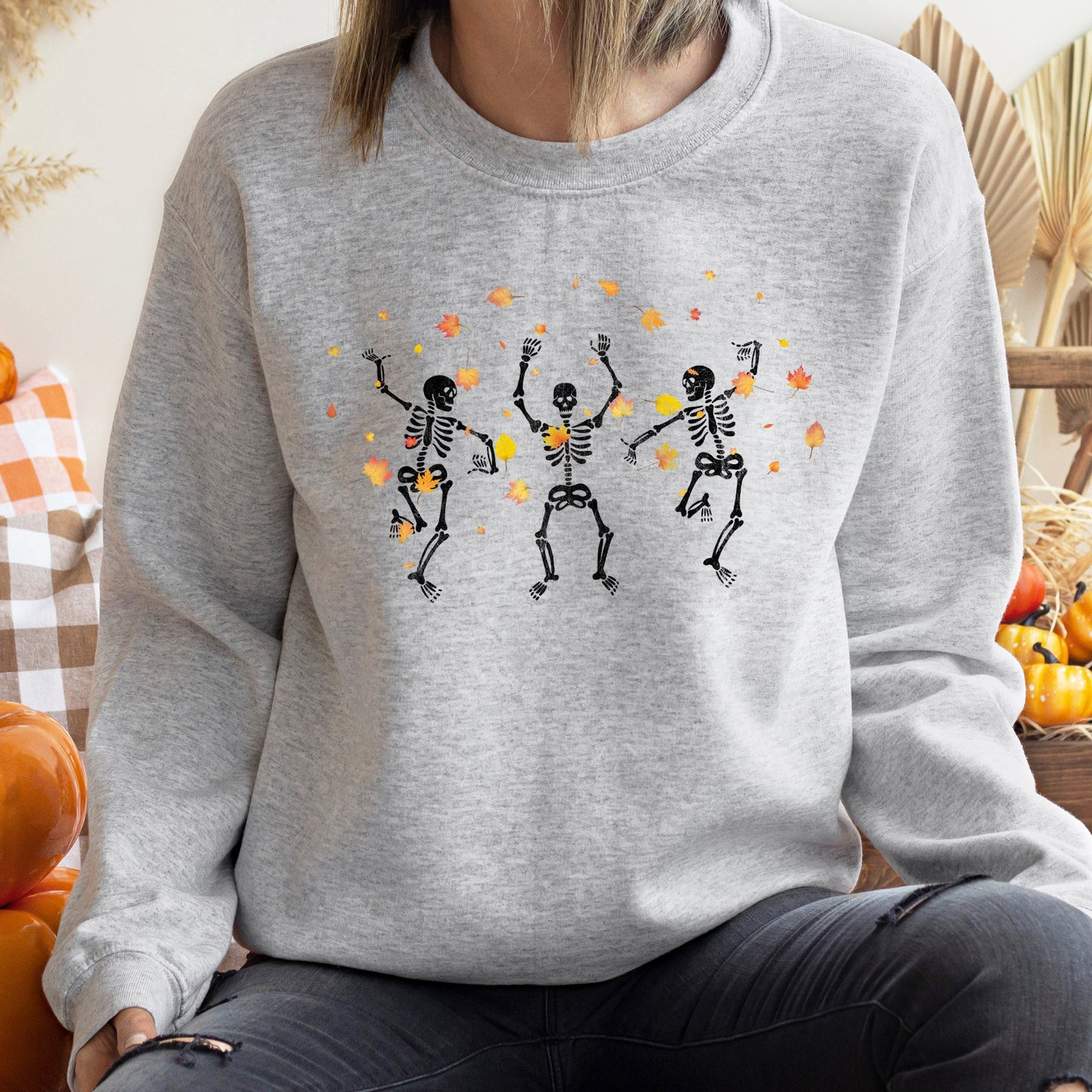 Dancing Skeletons Leaves Halloween Sweatshirt Soft Fleece Unisex