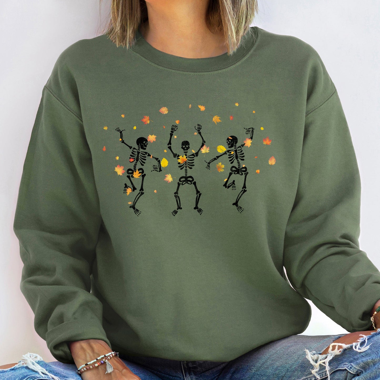 Dancing Skeletons Leaves Halloween Sweatshirt Soft Fleece Unisex