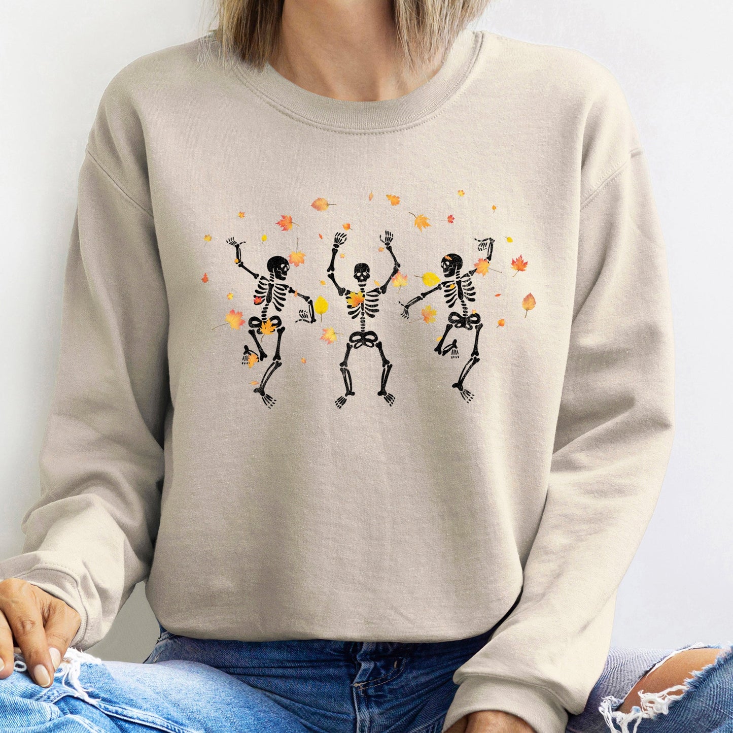 Dancing Skeletons Leaves Halloween Sweatshirt Soft Fleece Unisex