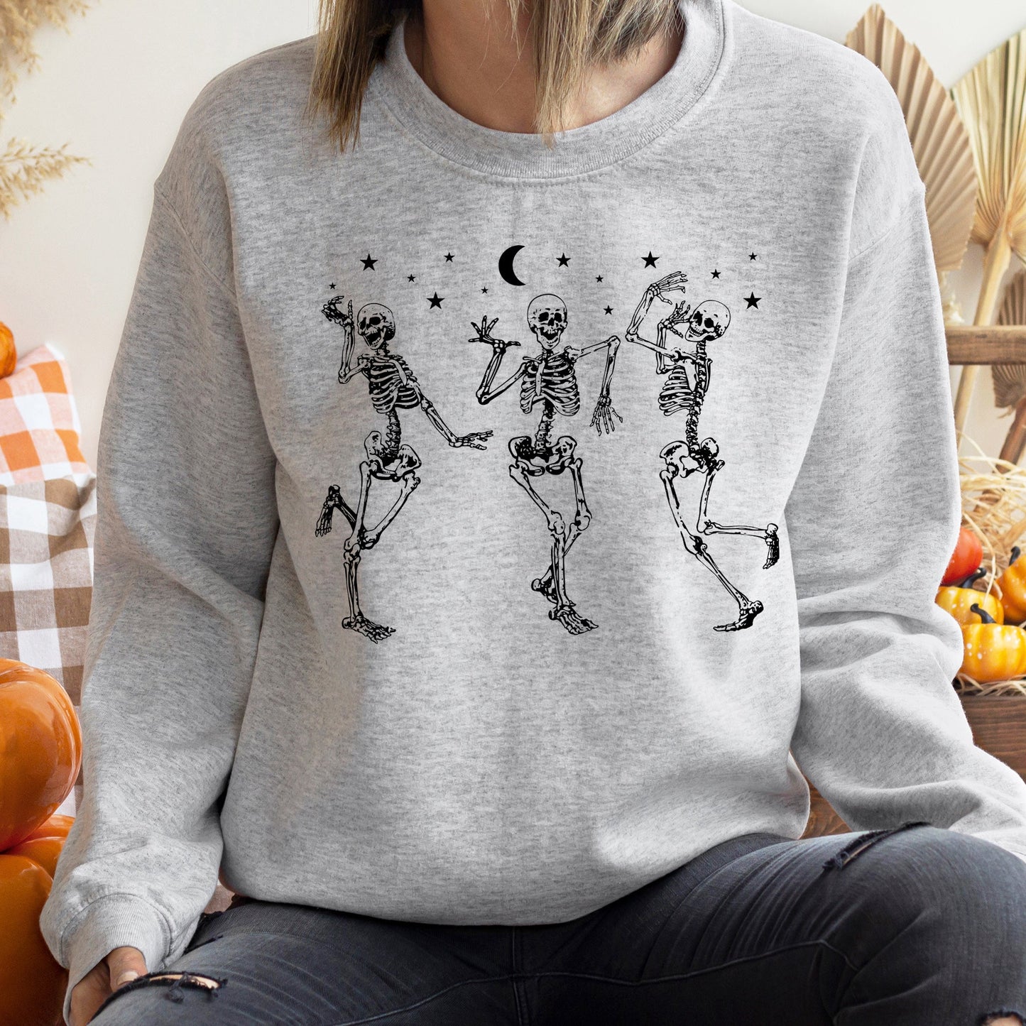 Dancing Skeletons Moon Halloween Sweatshirt Unisex Cotton Blend