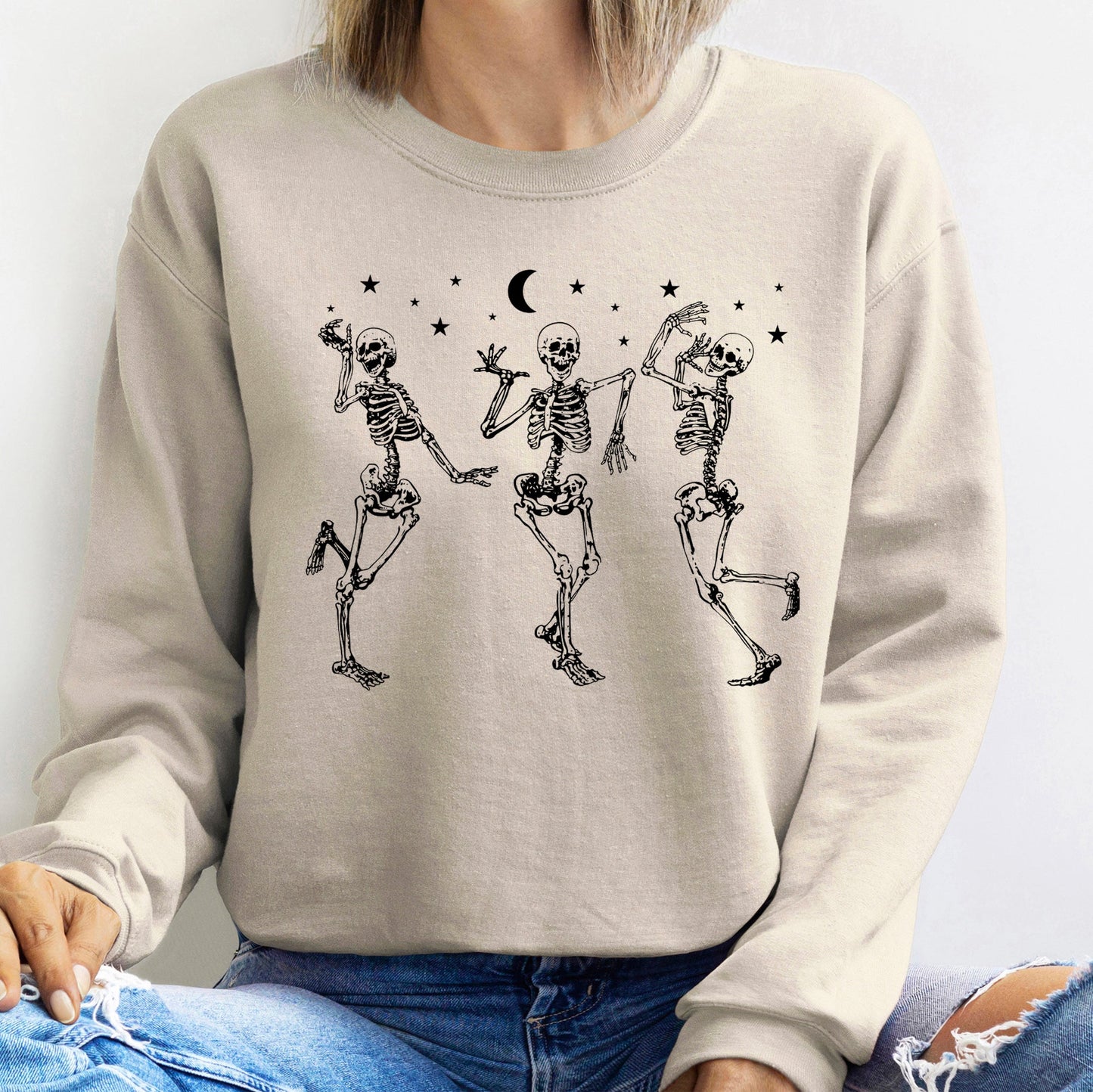 Dancing Skeletons Moon Halloween Sweatshirt Unisex Cotton Blend