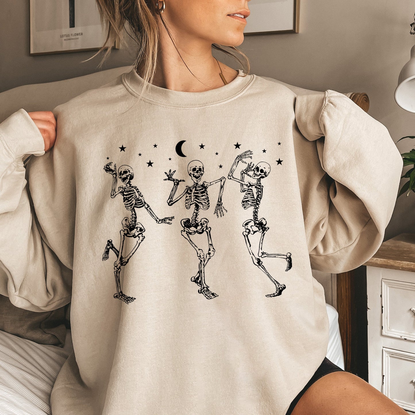 Dancing Skeletons Moon Halloween Sweatshirt Unisex Cotton Blend