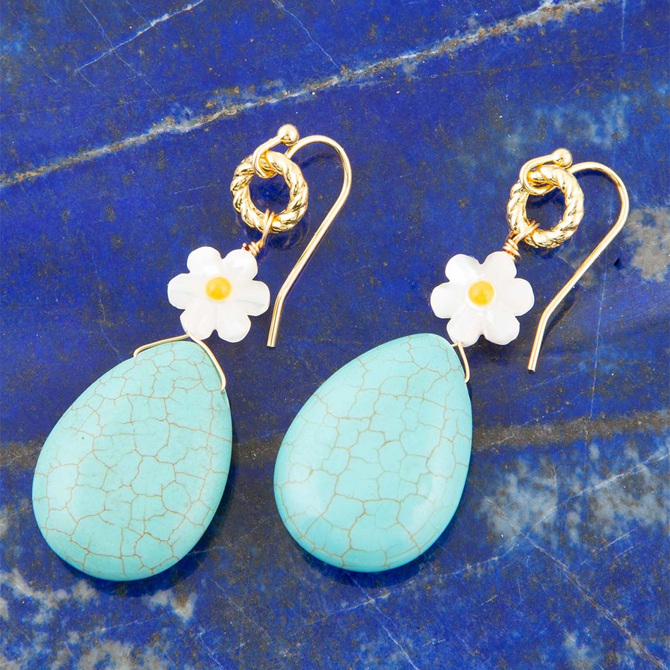 Blue Turquoise Magnesite Flower Golden Drop Earrings Dani