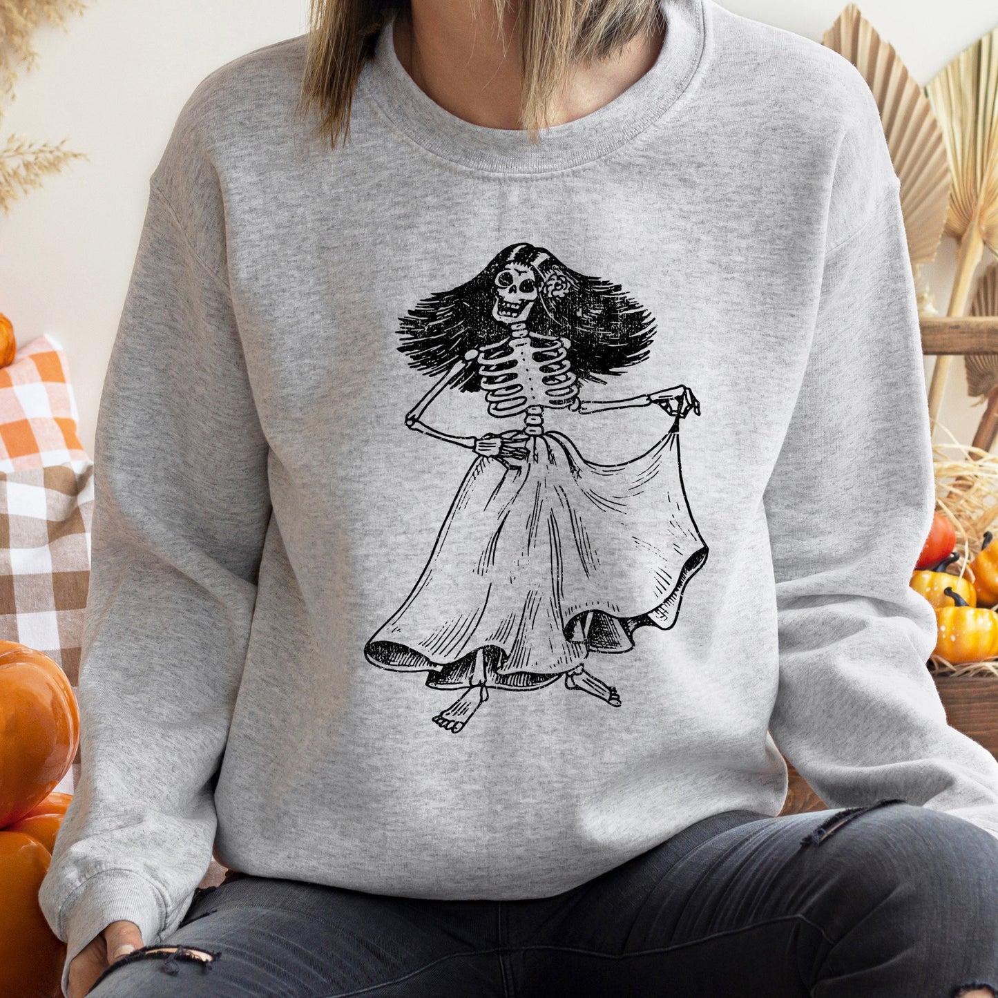 Day Of The Dead Lady Halloween Sweatshirt Soft Cotton-Polyester Blend