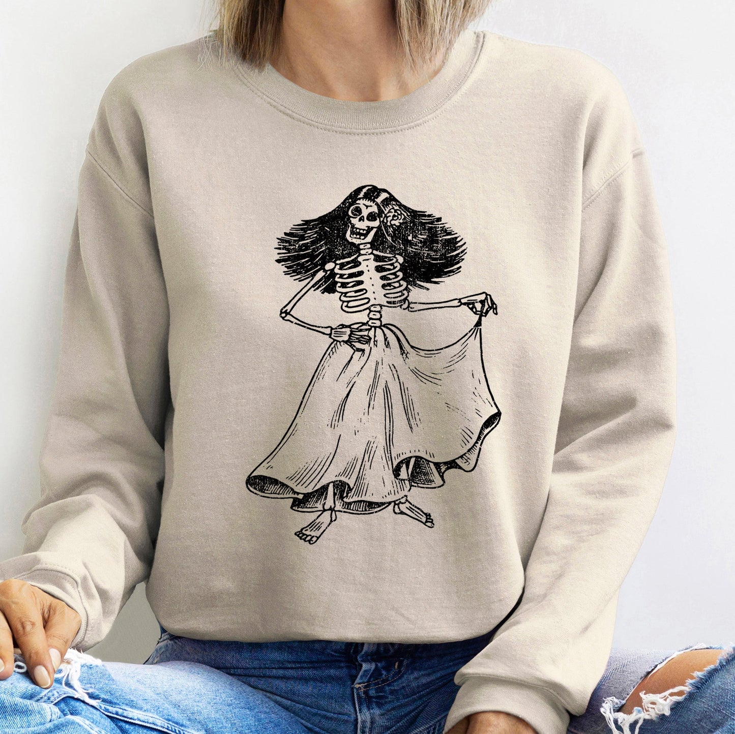 Day Of The Dead Lady Halloween Sweatshirt Soft Cotton-Polyester Blend