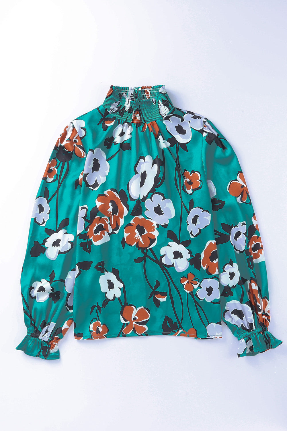 Green Floral Print Mock Neck Long Sleeve Silk Blouse