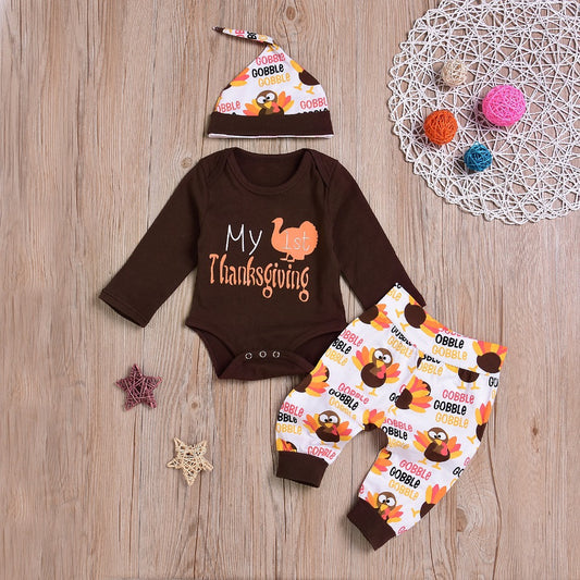 Thanksgiving Turkey Three-piece Baby Suit Cotton Blouse and Pants