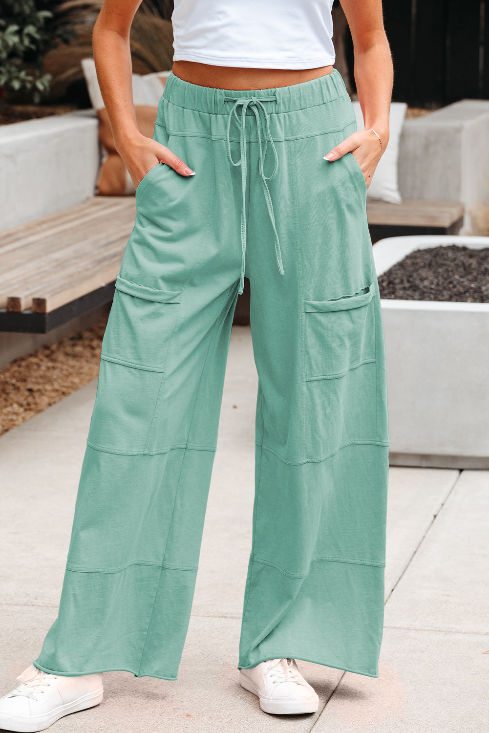 Smoke Gray Mineral Wash Wide Leg Cargo Pants with Drawstring Elastic Waistband
