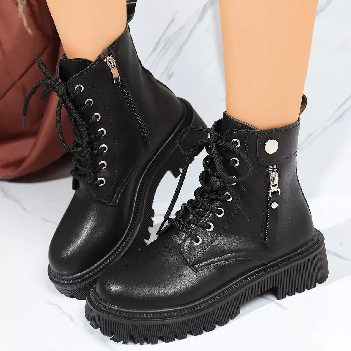 Round Toe Mid-Heel Block Heels Boots
