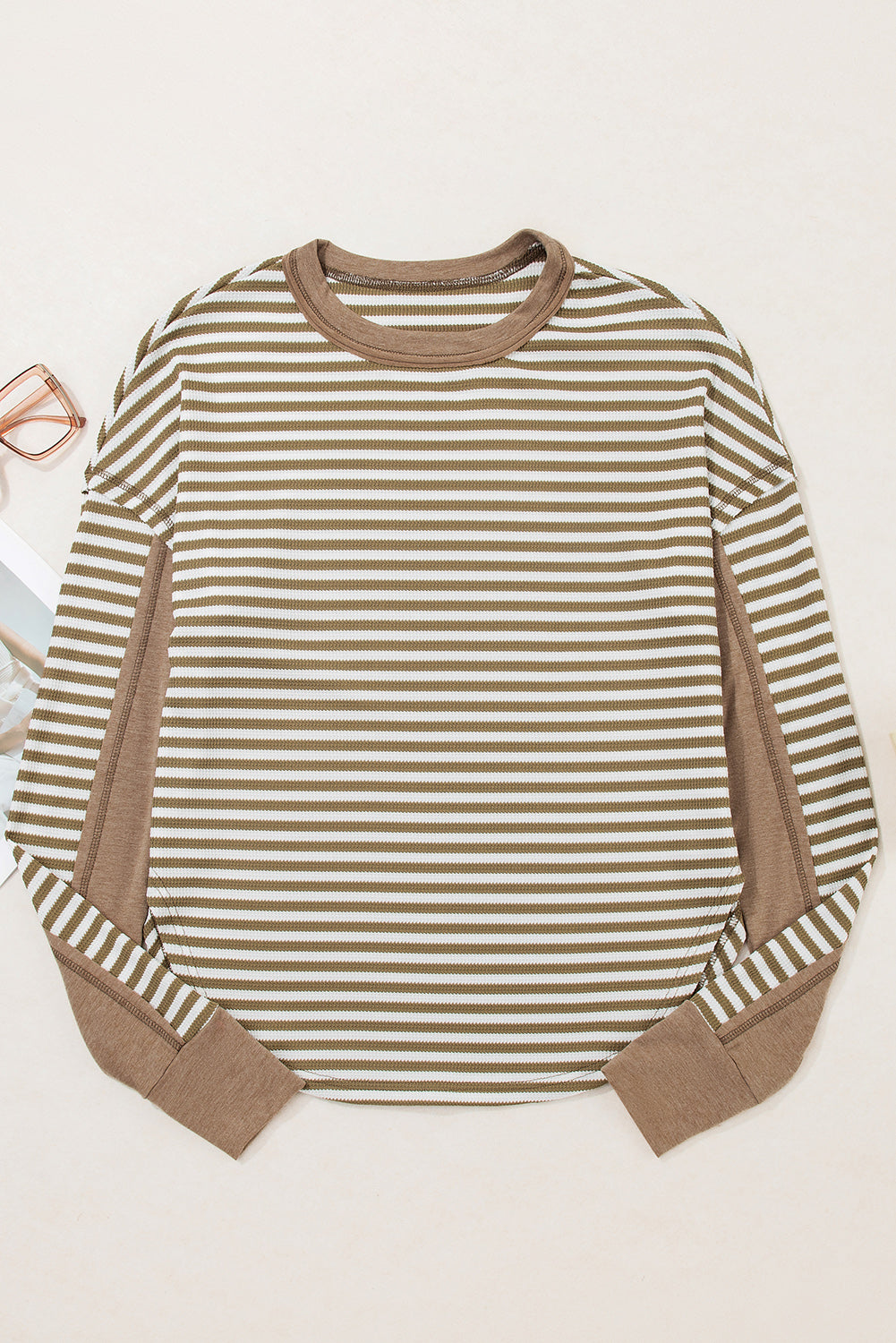 Khaki Stripe Thermal Knit Casual Top Drop Shoulder