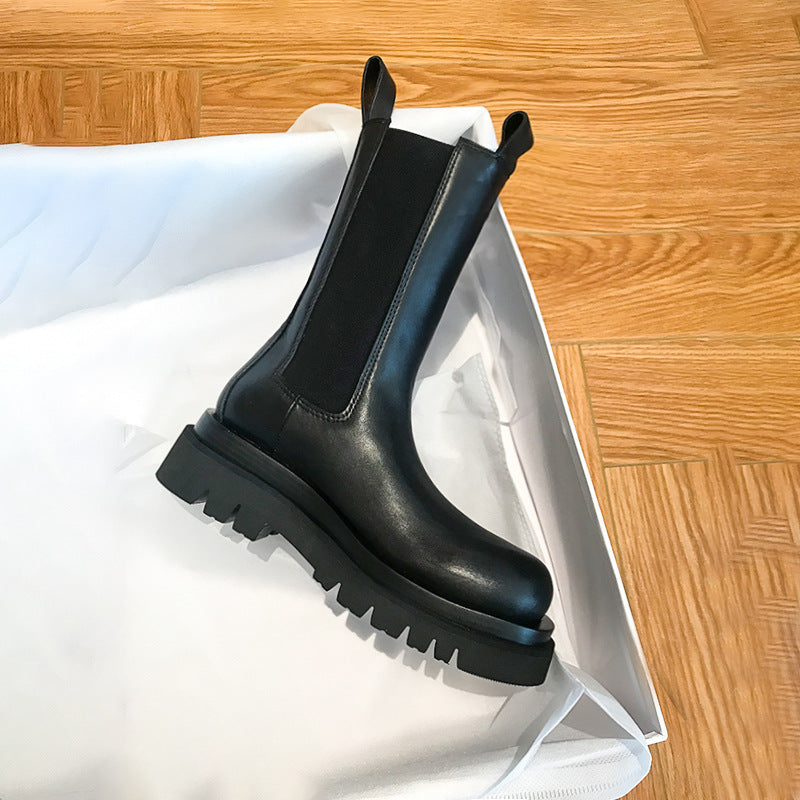 British-Style Mid-Calf Thick-Soled Leather Boots Women’s