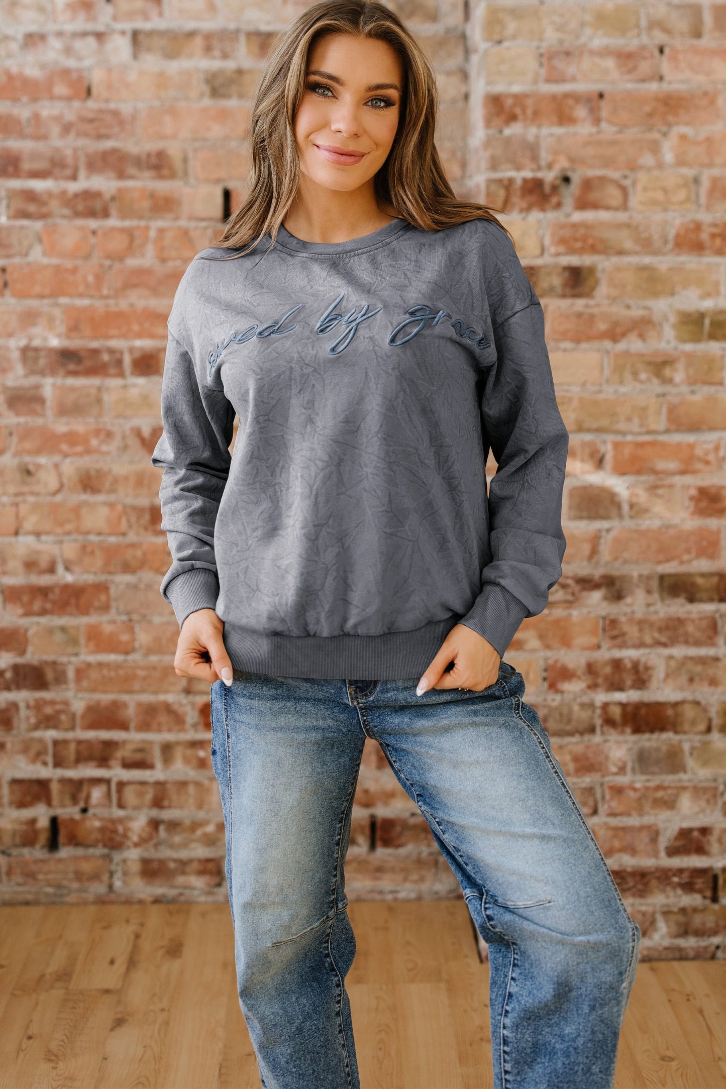 High-rise Mineral Wash Loose Sweatshirt Letter Embroidery