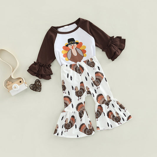 Baby Thanksgiving Day Cartoon Long Sleeve Flared Pants Two-piece Children’s Clothing