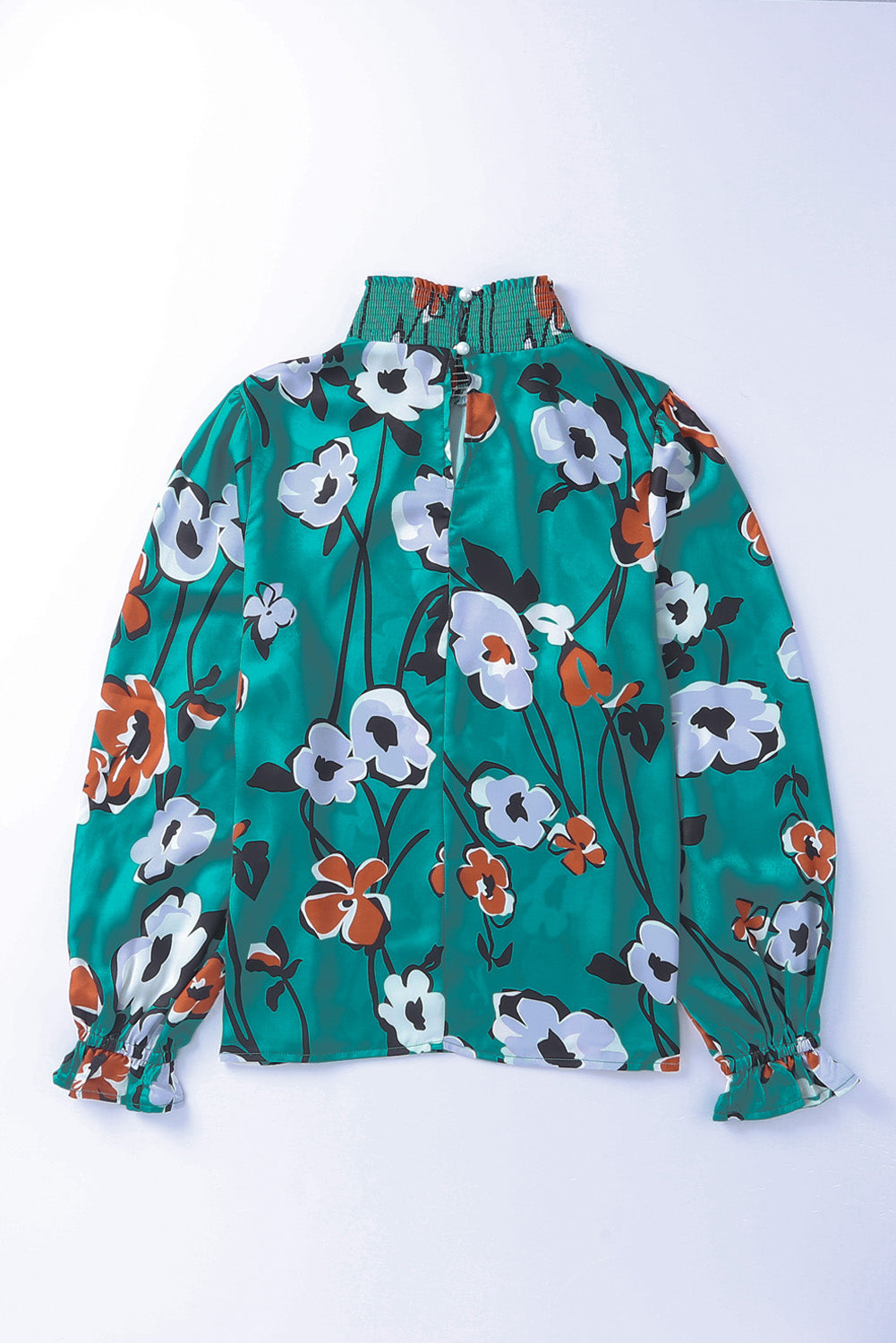 Green Floral Print Mock Neck Long Sleeve Silk Blouse