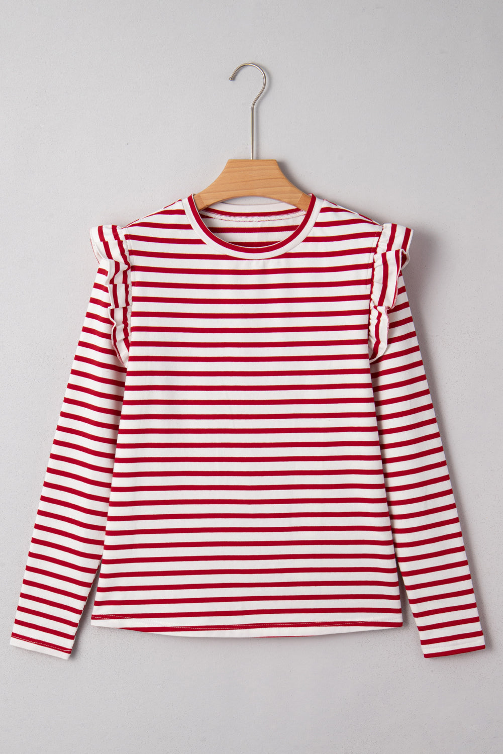 Red Stripe Ruffle Trim Long Sleeve Round Neck Top