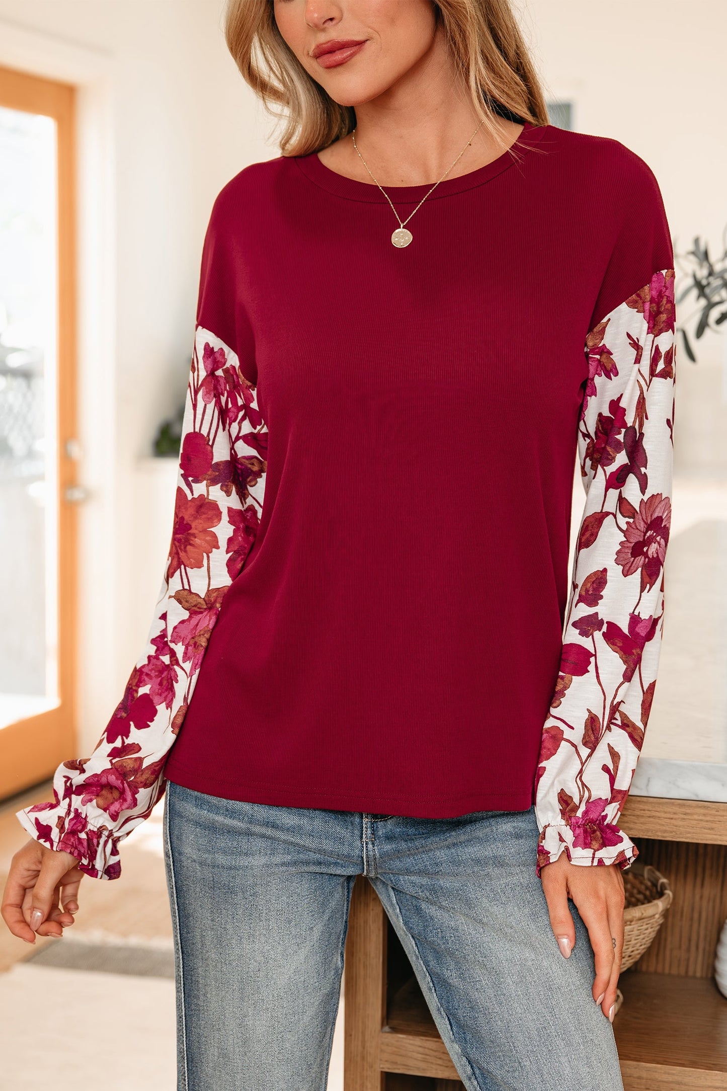 Wild Ginger Contrast Floral Sleeve Ribbed Body Patchwork Long Sleeve Top