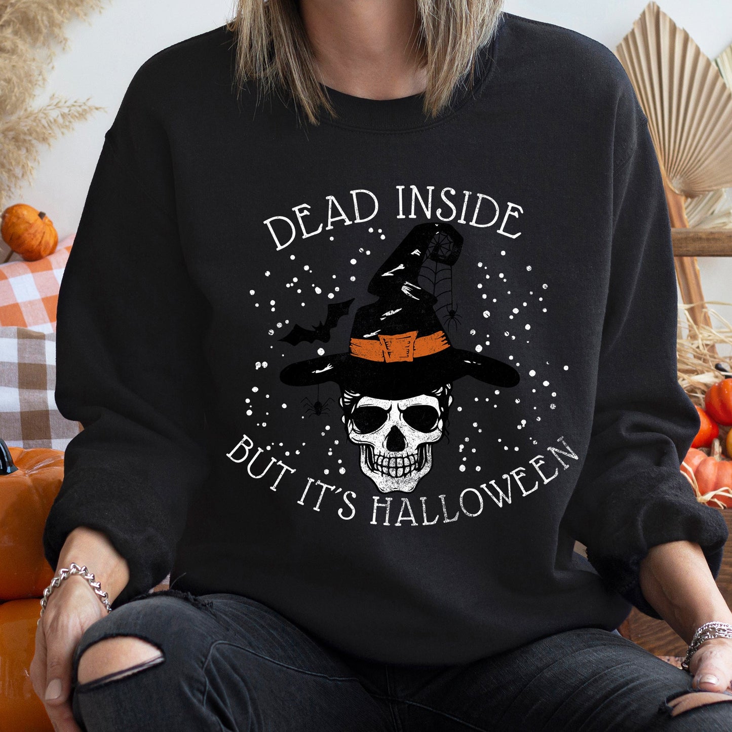 Dead Inside Witch Vintage Halloween Sweatshirt Cozy Cotton Polyester Blend