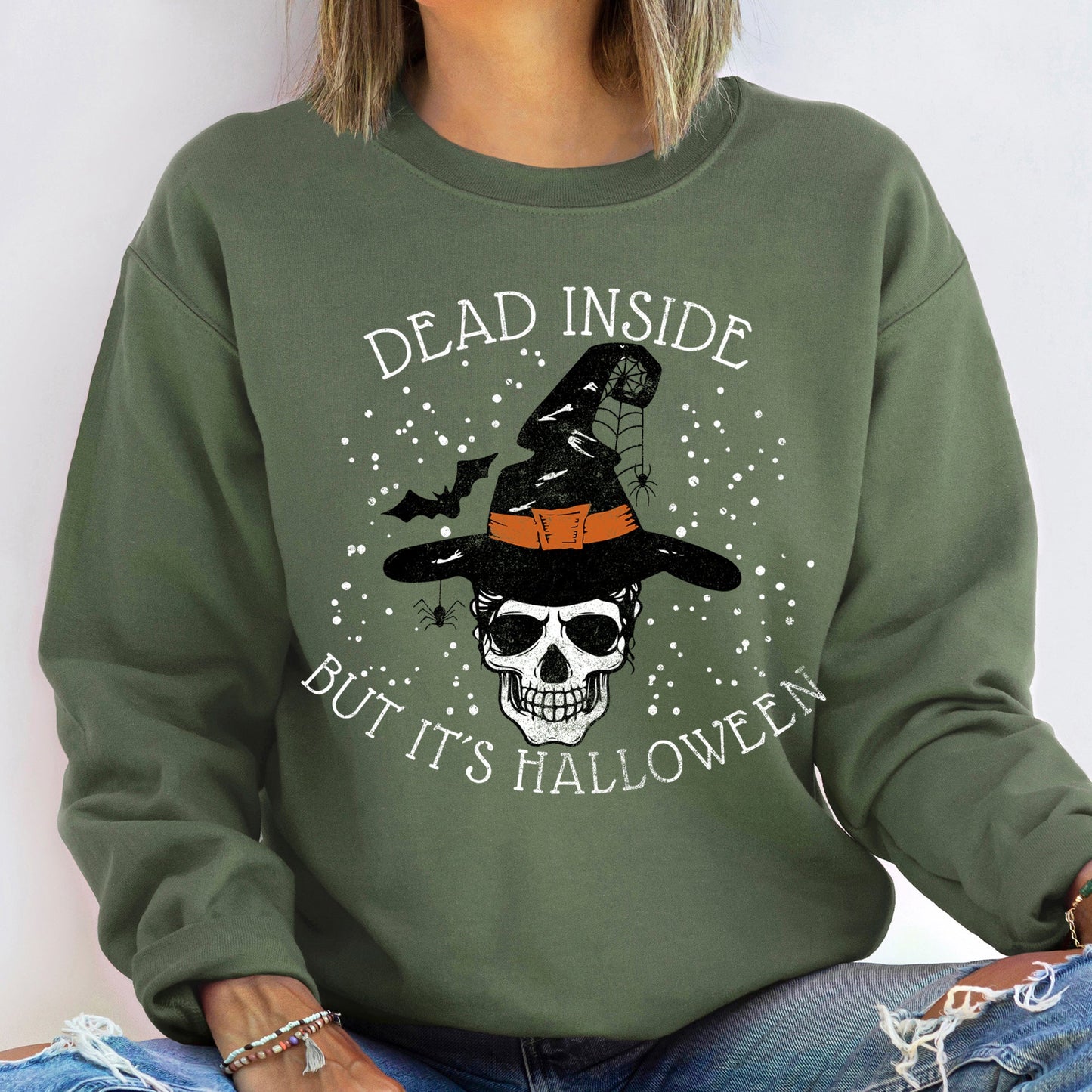 Dead Inside Witch Vintage Halloween Sweatshirt Cozy Cotton Polyester Blend