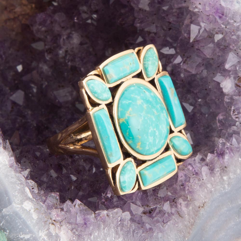 Green Turquoise Golden Statement Ring Deco