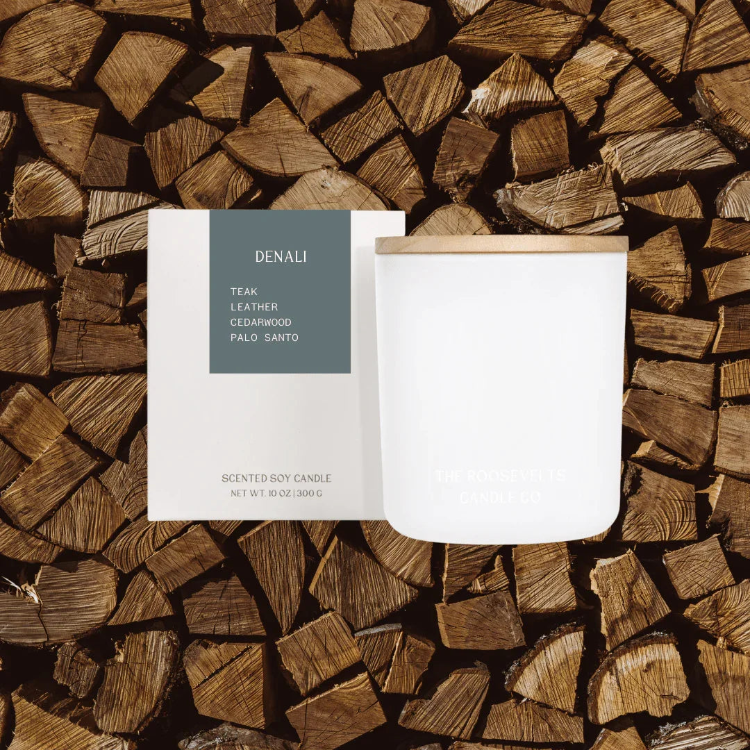 Denali Teak Leather Cedarwood Palo Santo Candle The Roosevelts Candle Co.