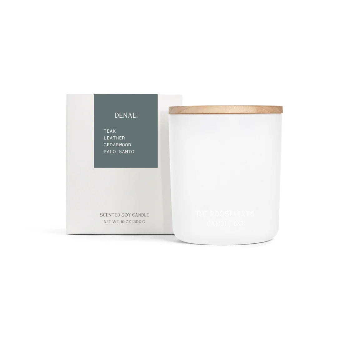 Denali Teak Leather Cedarwood Palo Santo Candle The Roosevelts Candle Co.