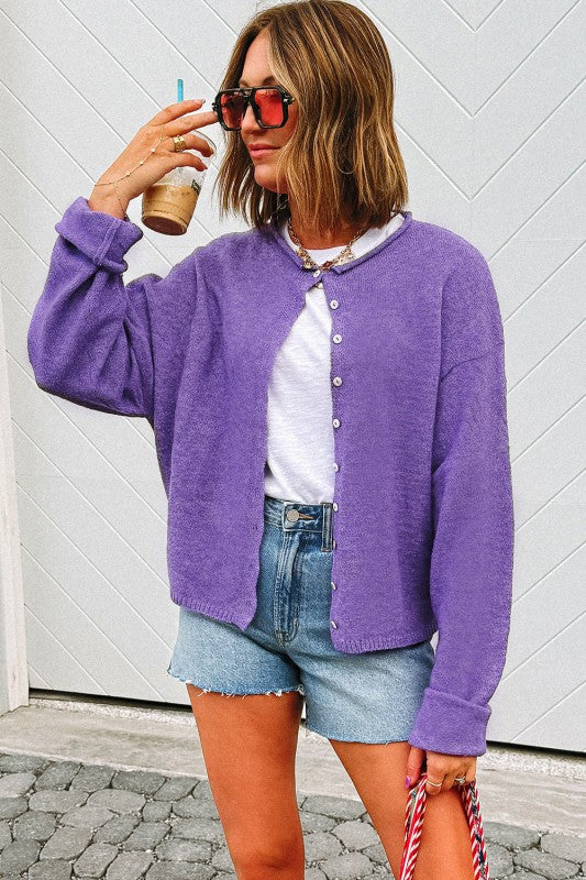 Solid Knit Button-Up Drop Shoulder Sweater Cardigan