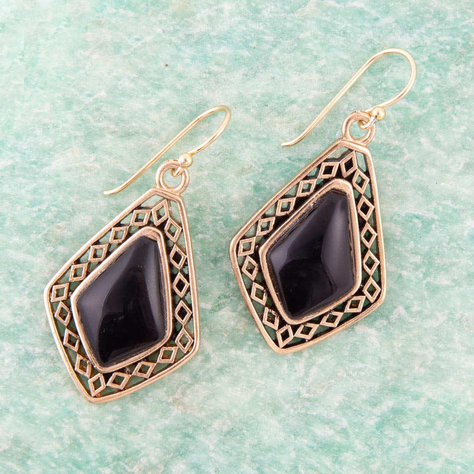 Diamond Black Onyx Stone Golden Drop Earrings