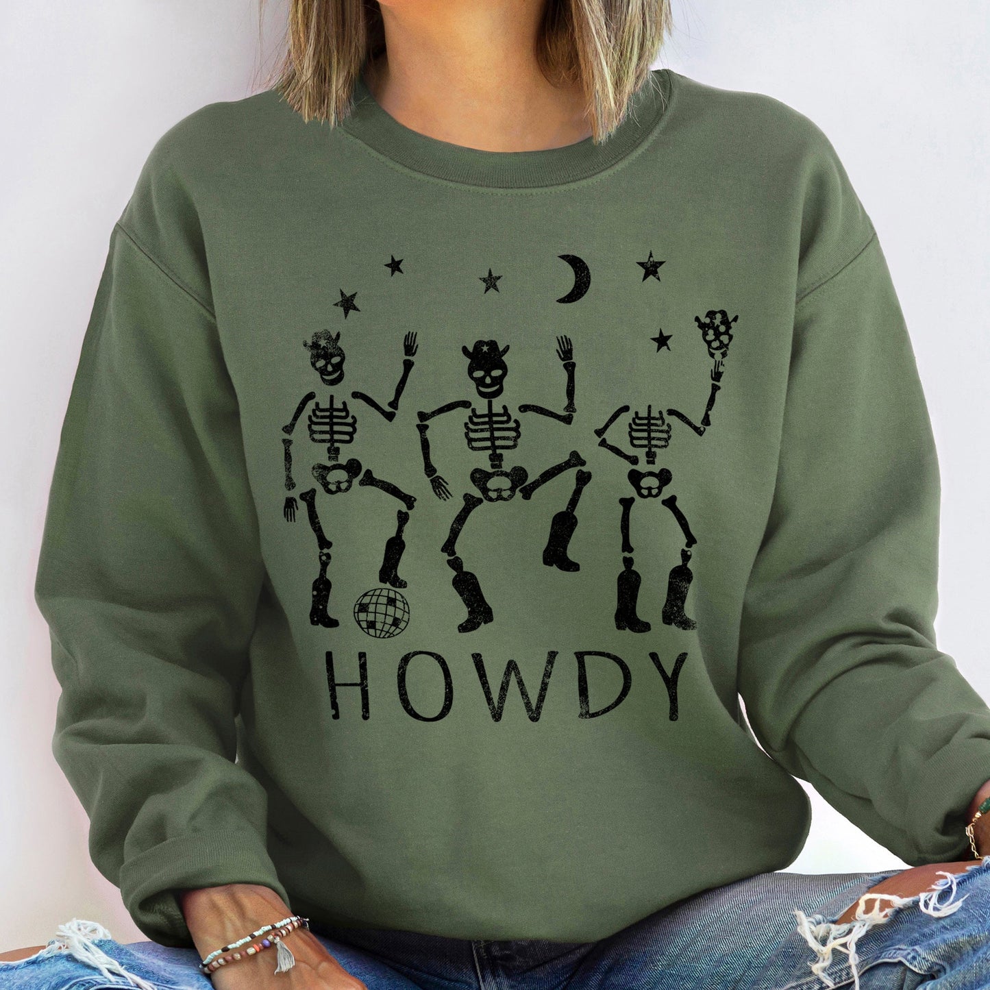Howdy Skeletons Halloween Sweatshirt Soft Cotton-Poly Blend Sweatshirt Refinery No. 1