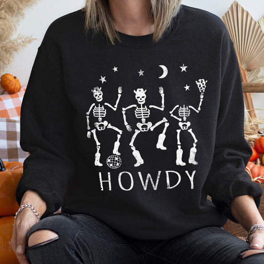 Howdy Skeletons Vintage Halloween Sweatshirt Unisex Cotton-Polyester Blend