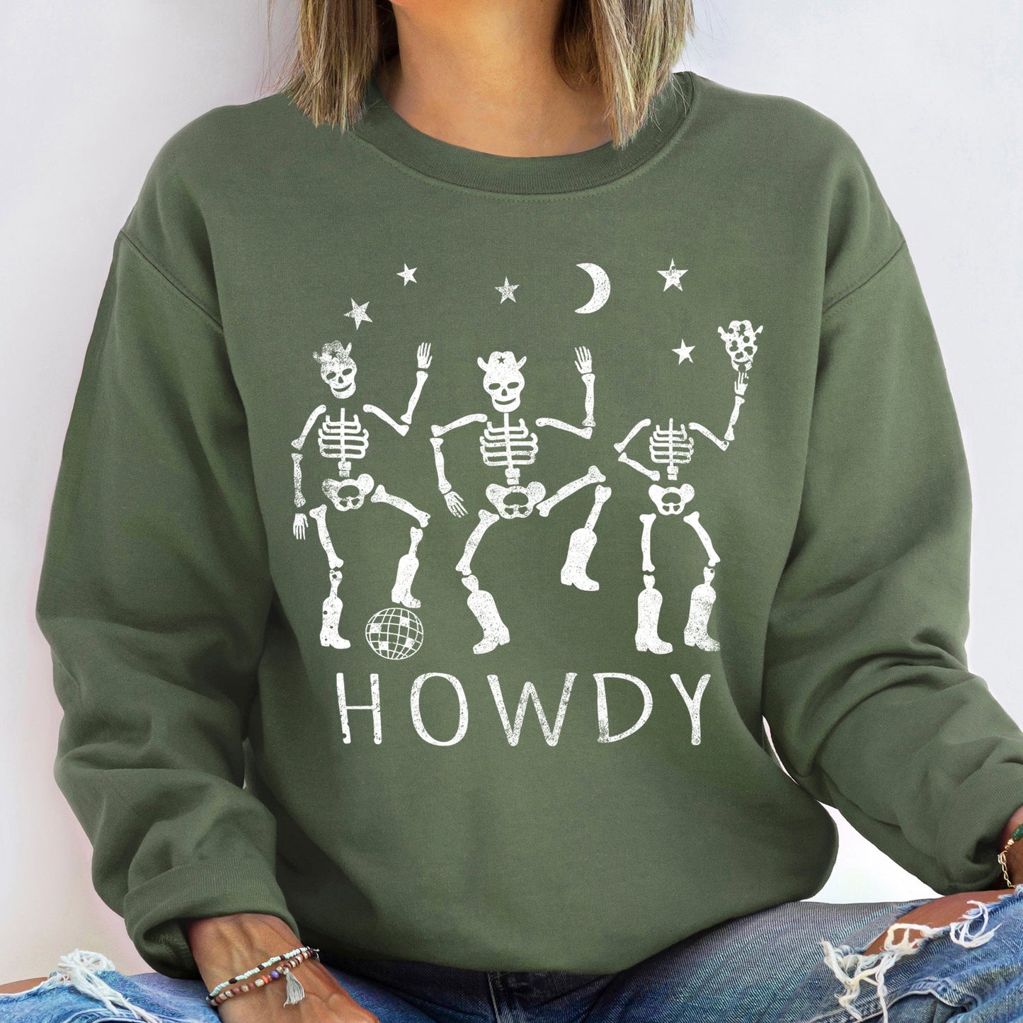 Howdy Skeletons Vintage Halloween Sweatshirt Unisex Cotton-Polyester Blend