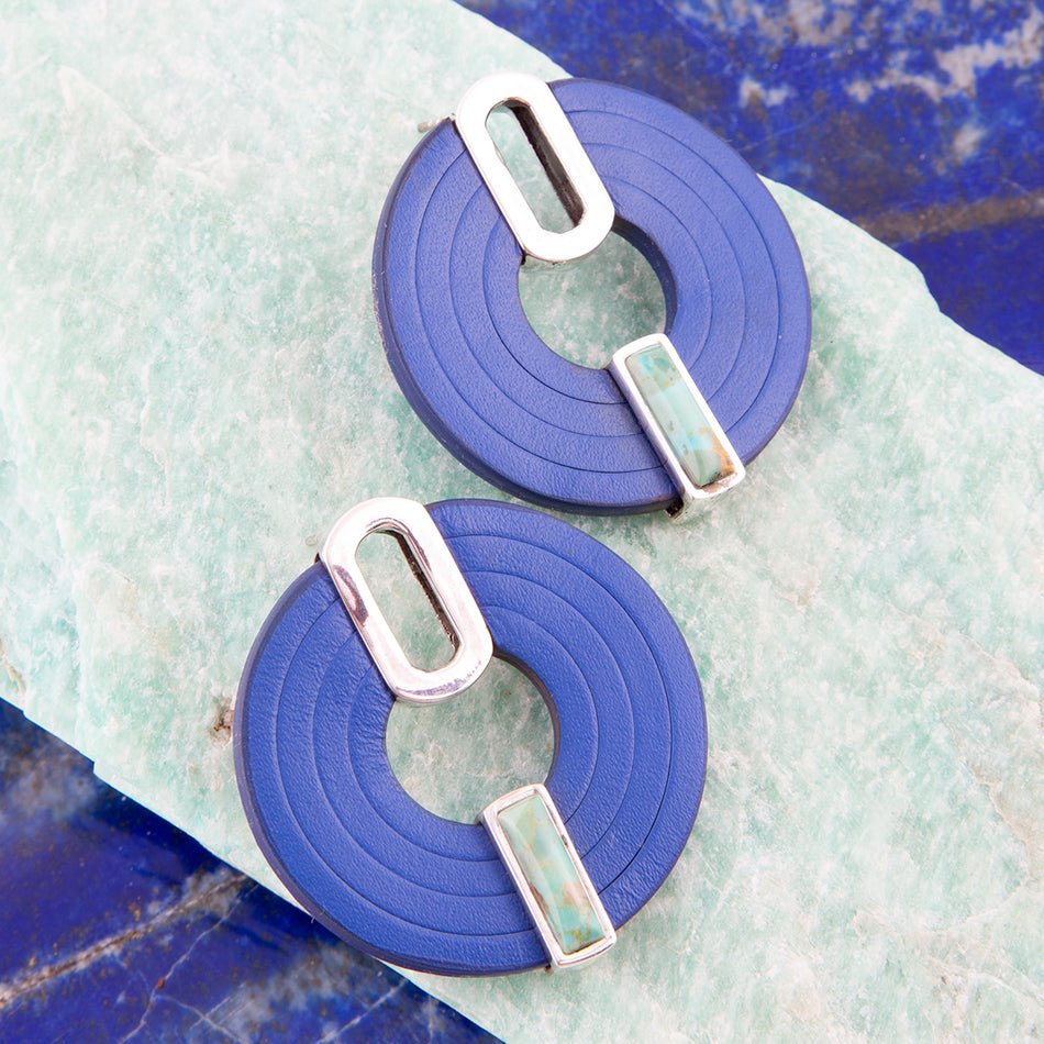 Blue Turquoise Leather Sterling Silver Earrings Discus