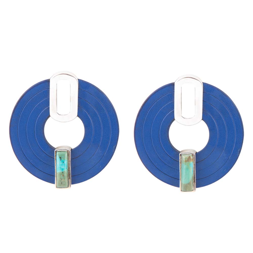 Blue Turquoise Leather Sterling Silver Earrings Discus
