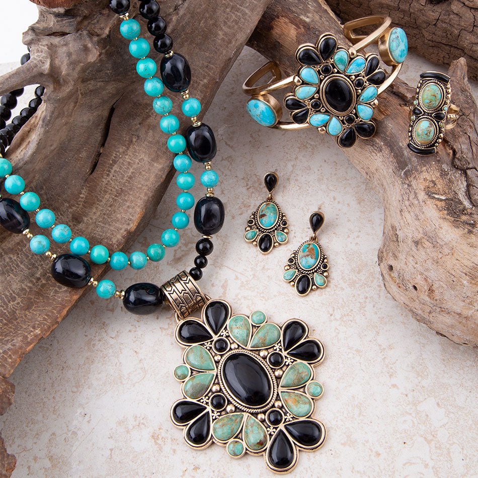 Blue Turquoise and Black Onyx Double Up Golden Ring