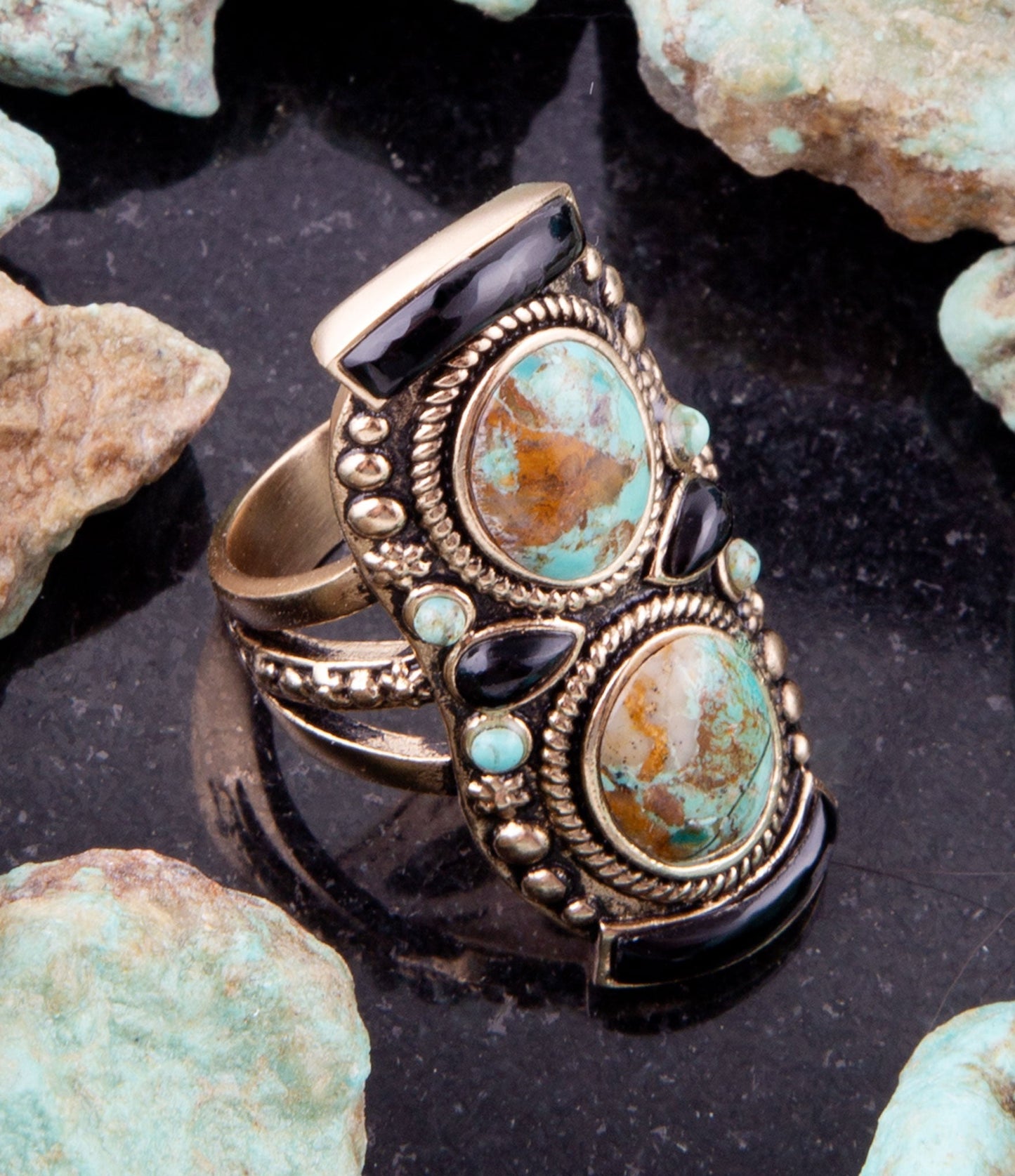 Blue Turquoise and Black Onyx Double Up Golden Ring