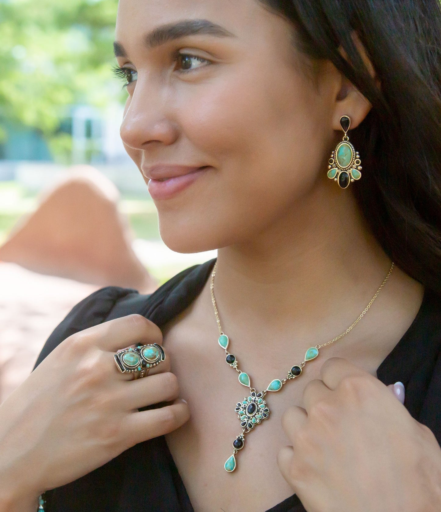 Blue Turquoise and Black Onyx Double Up Golden Ring