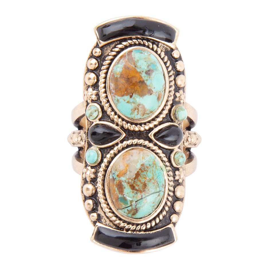 Blue Turquoise and Black Onyx Double Up Golden Ring