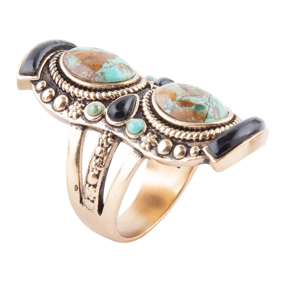 Blue Turquoise and Black Onyx Double Up Golden Ring